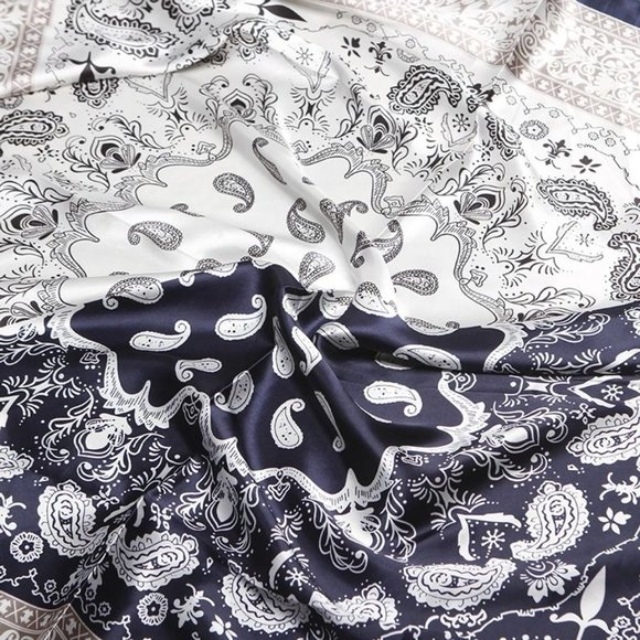 NEW Blue Ivory Paisley Floral Printed Square Silky Scarf Wrap - Picture 5 of 11